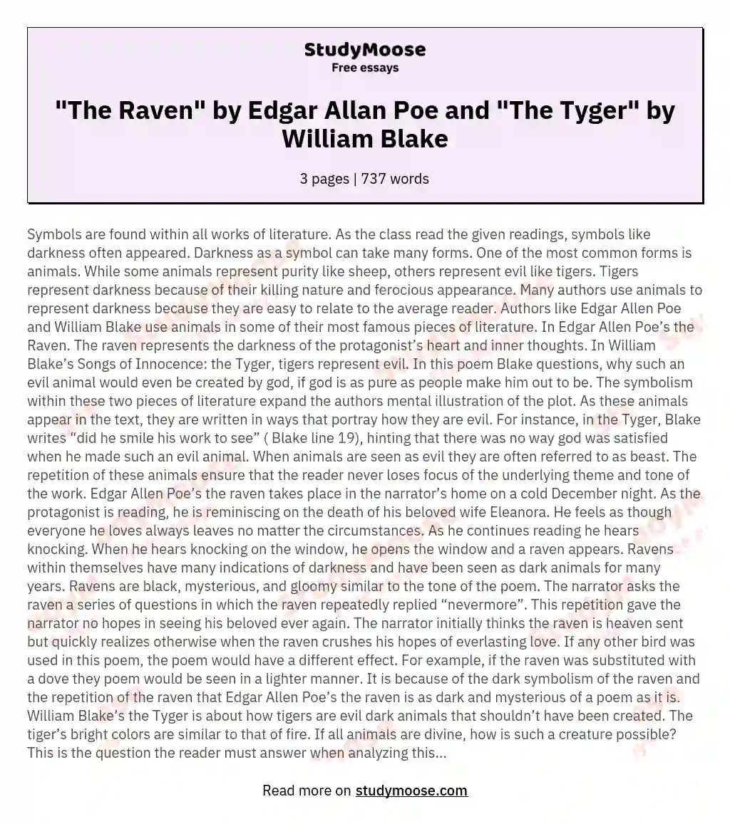 "The Raven" by Edgar Allan Poe and "The Tyger" by William Blake essay