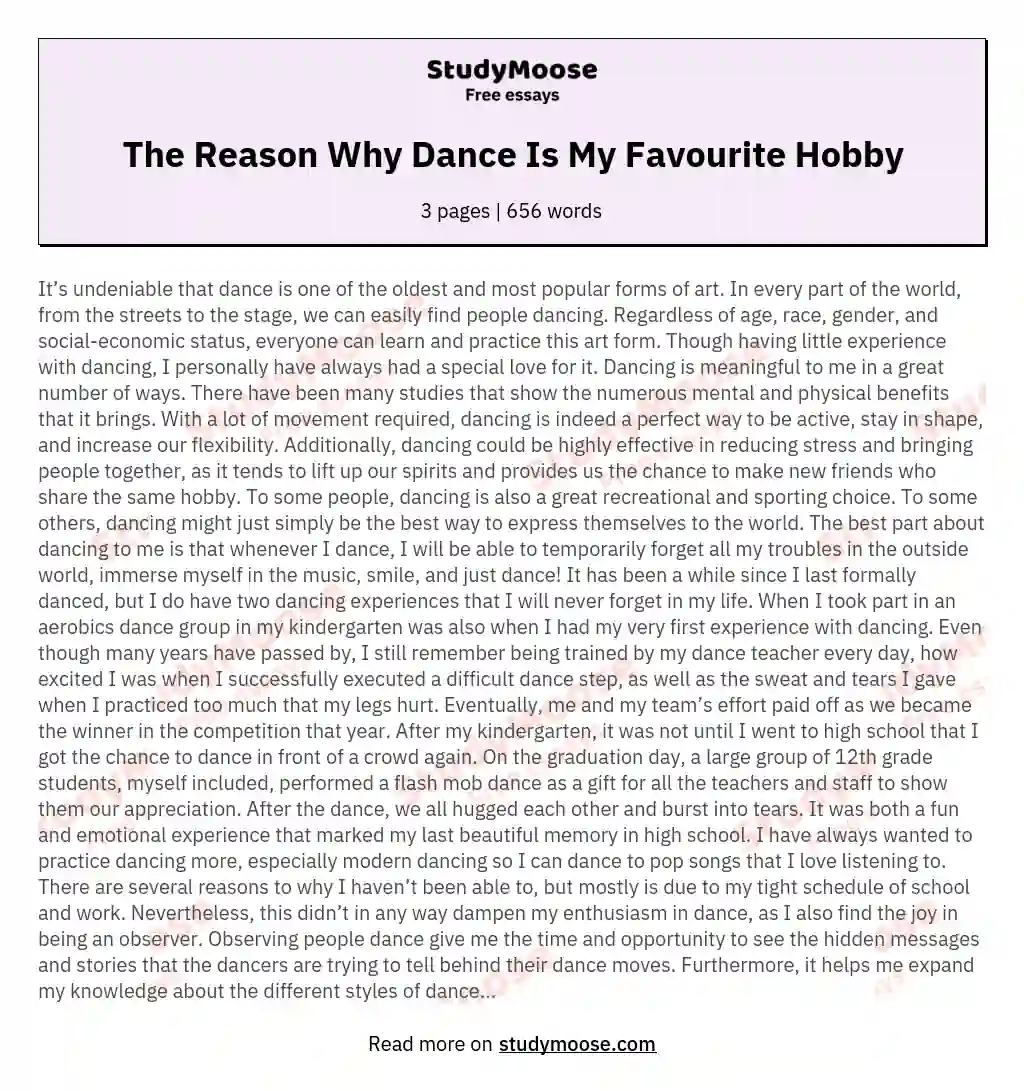 my hobby dancing essay in points