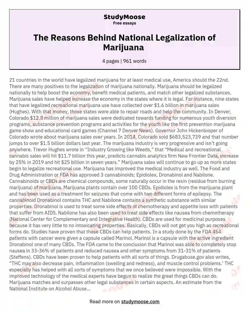 The Reasons Behind National Legalization of Marijuana  essay
