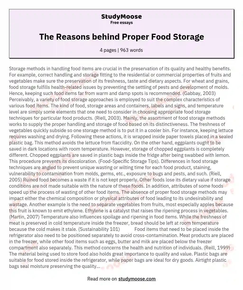 The Reasons behind Proper Food Storage essay