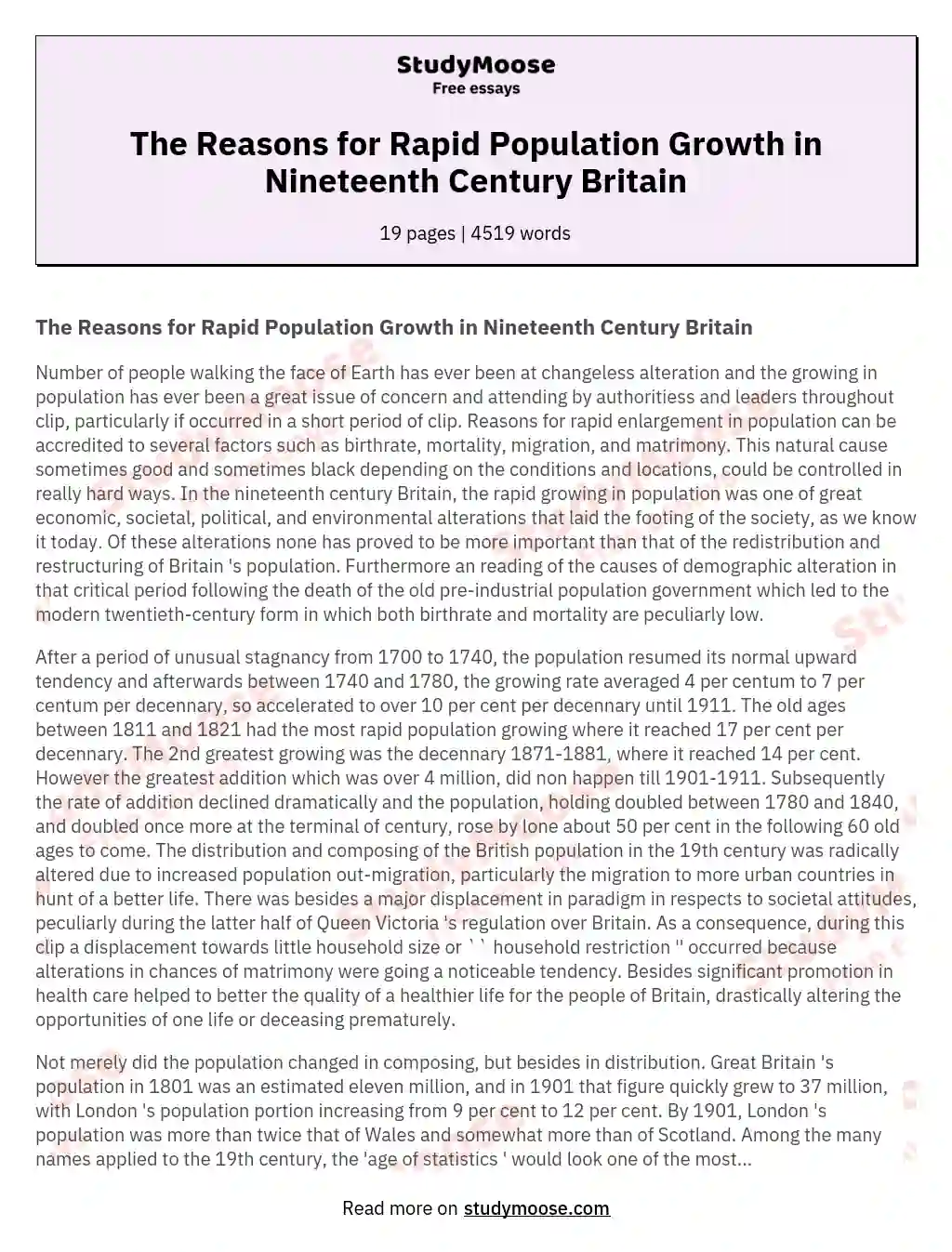 The Reasons for Rapid Population Growth in Nineteenth Century Britain