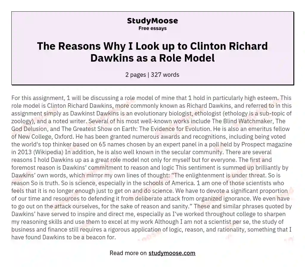The Reasons Why I Look up to Clinton Richard Dawkins as a Role Model essay
