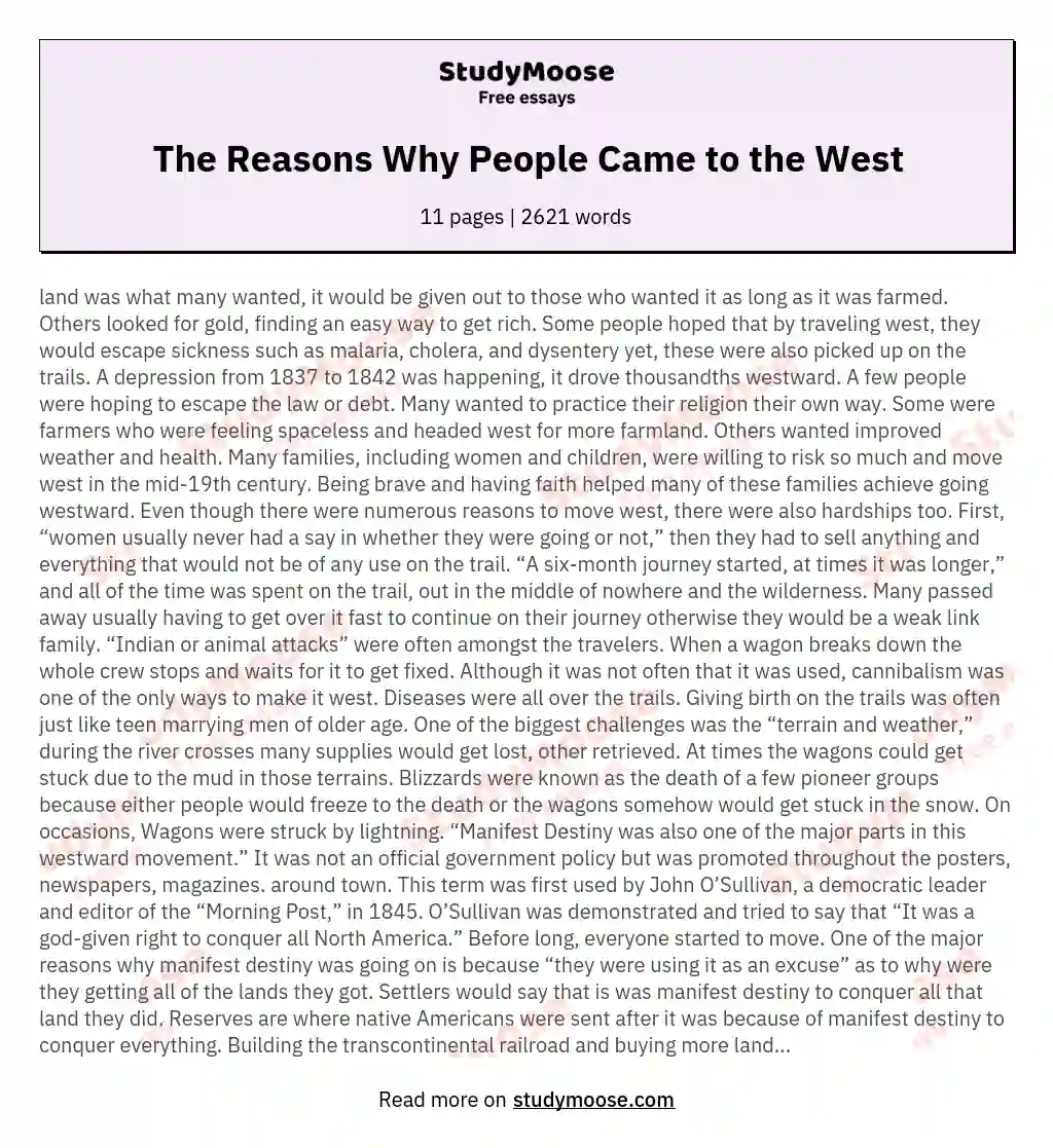 The Reasons Why People Came to the West essay