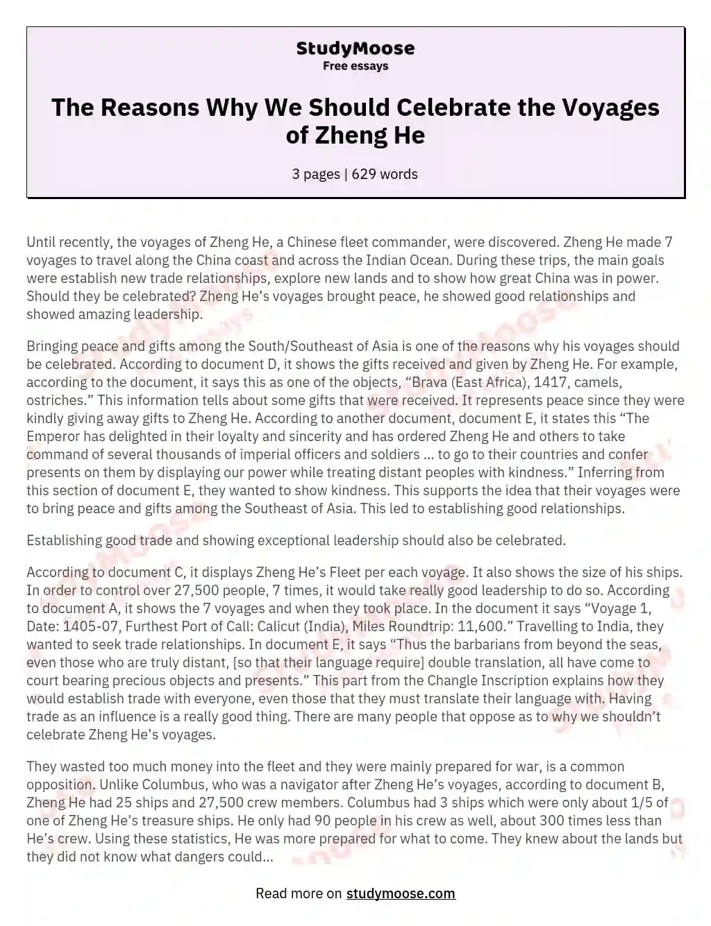 The Reasons Why We Should Celebrate the Voyages of Zheng He essay