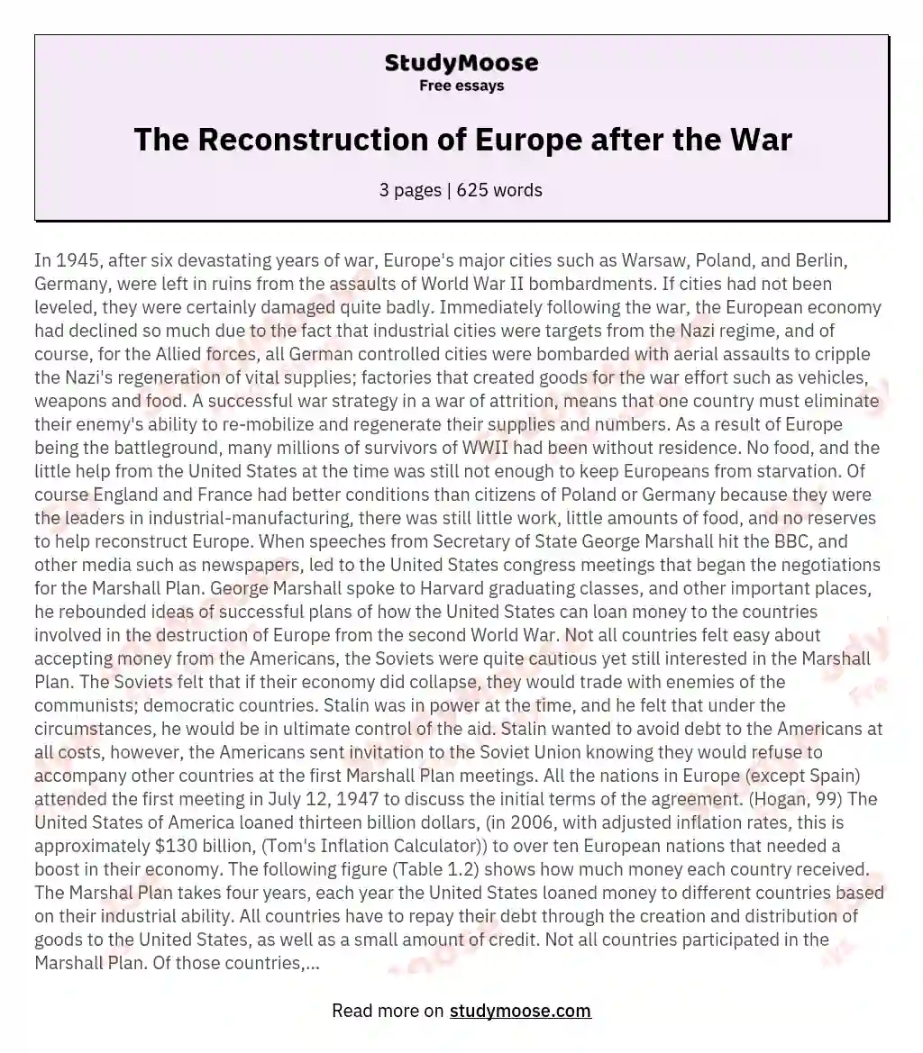 The Reconstruction of Europe after the War essay