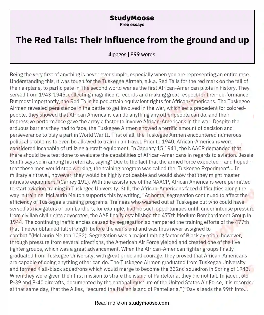 The Red Tails: Their influence from the ground and up essay