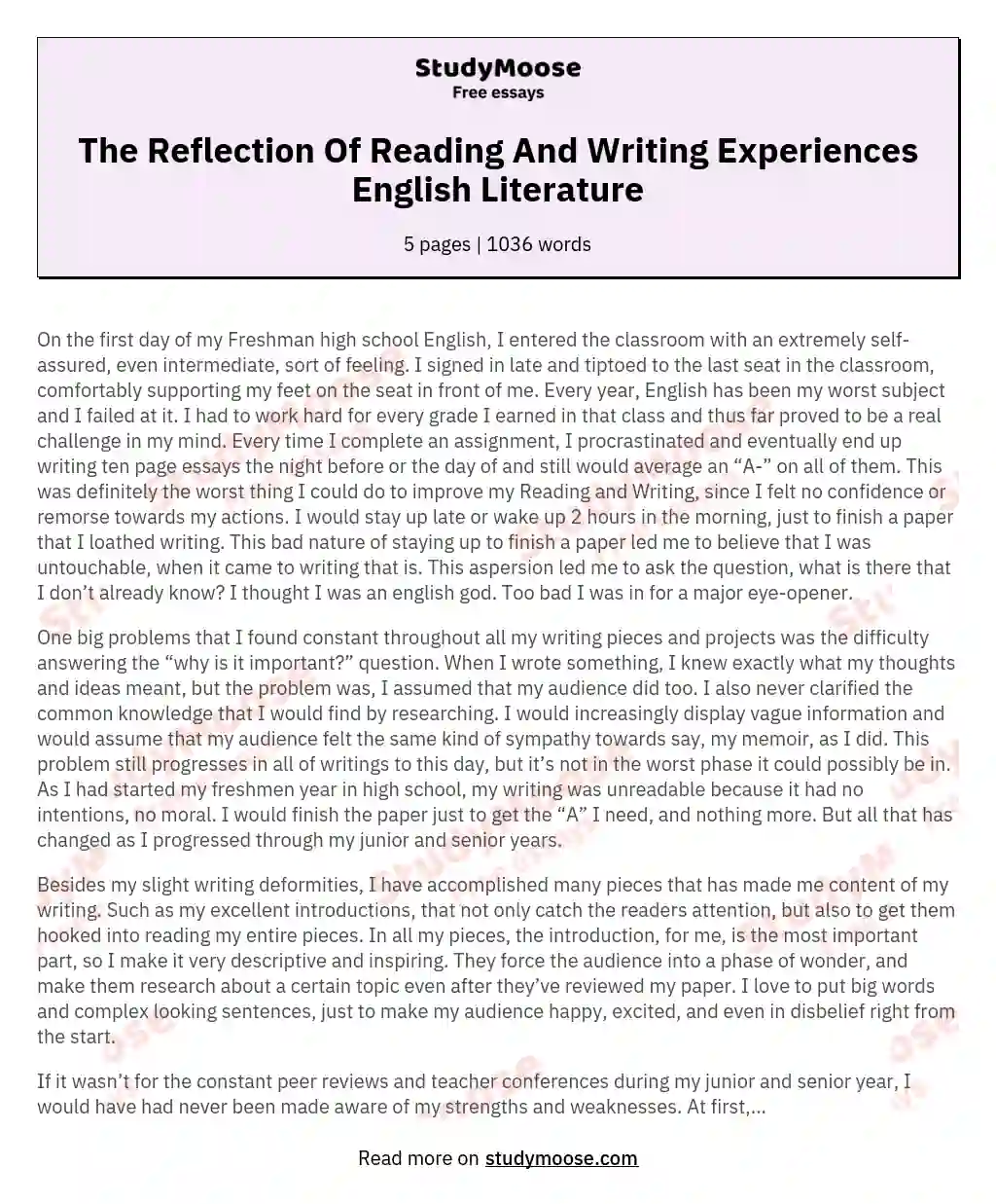 The Reflection Of Reading And Writing Experiences English Literature essay