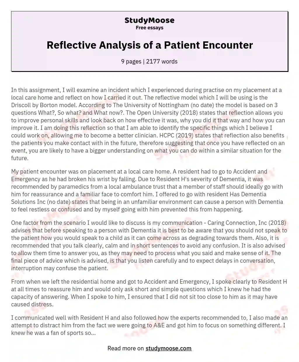 Reflective Analysis of a Patient Encounter essay