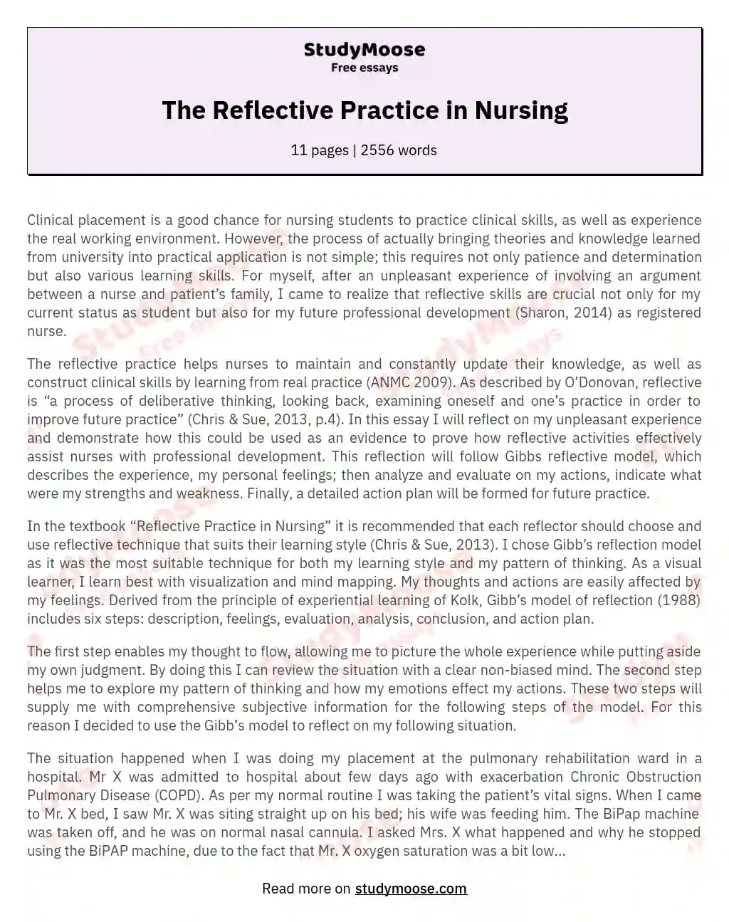 The Reflective Practice in Nursing essay