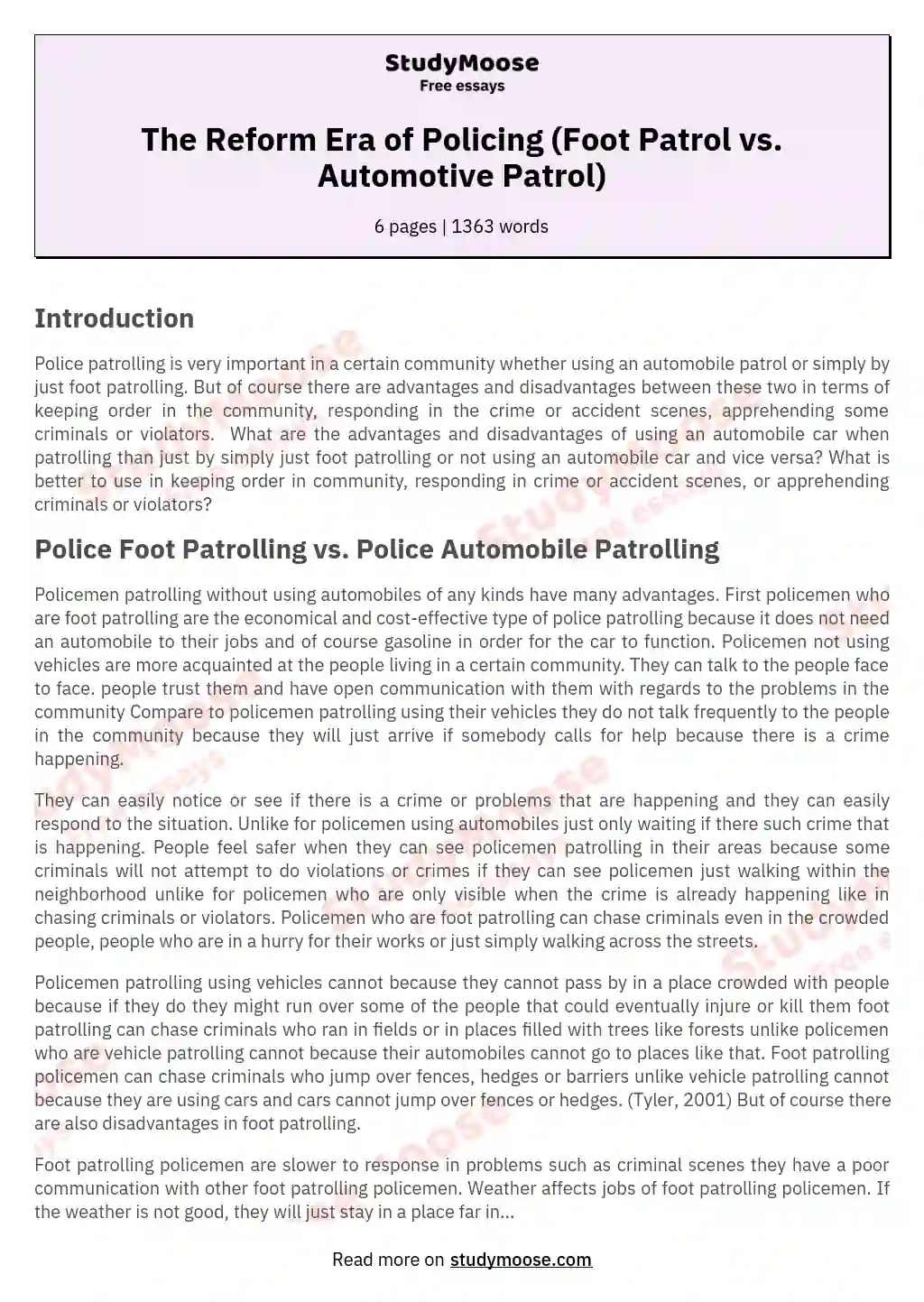 The Reform Era of Policing (Foot Patrol vs. Automotive Patrol)