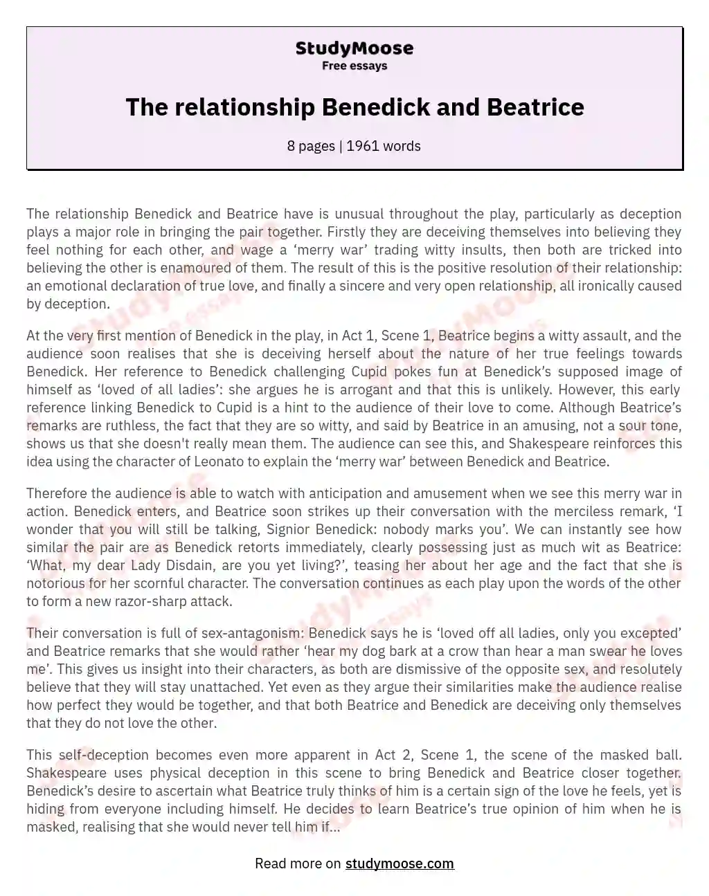 The relationship Benedick and Beatrice essay