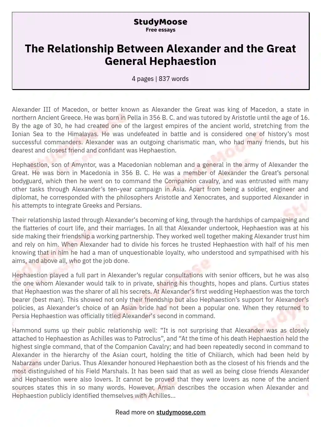 The Relationship Between Alexander and the Great General Hephaestion