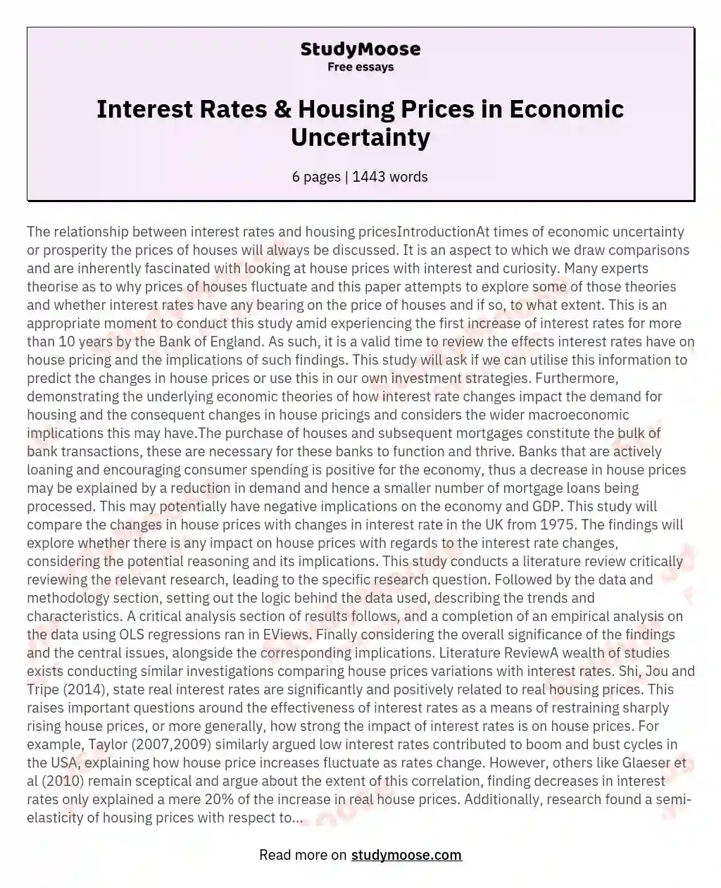 Interest Rates & Housing Prices in Economic Uncertainty essay