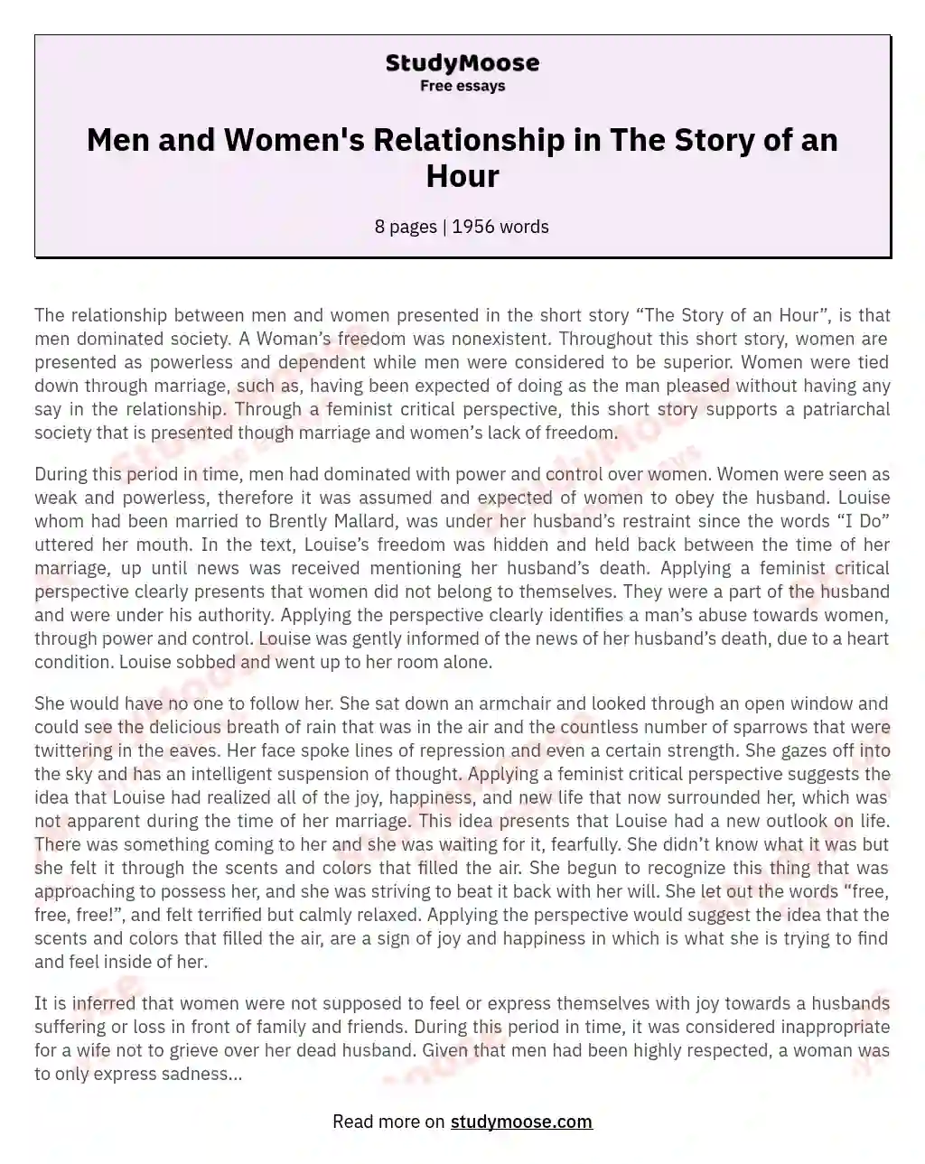The Relationship Between Men and Women Presented in the Short Story “the Story of an Hour”