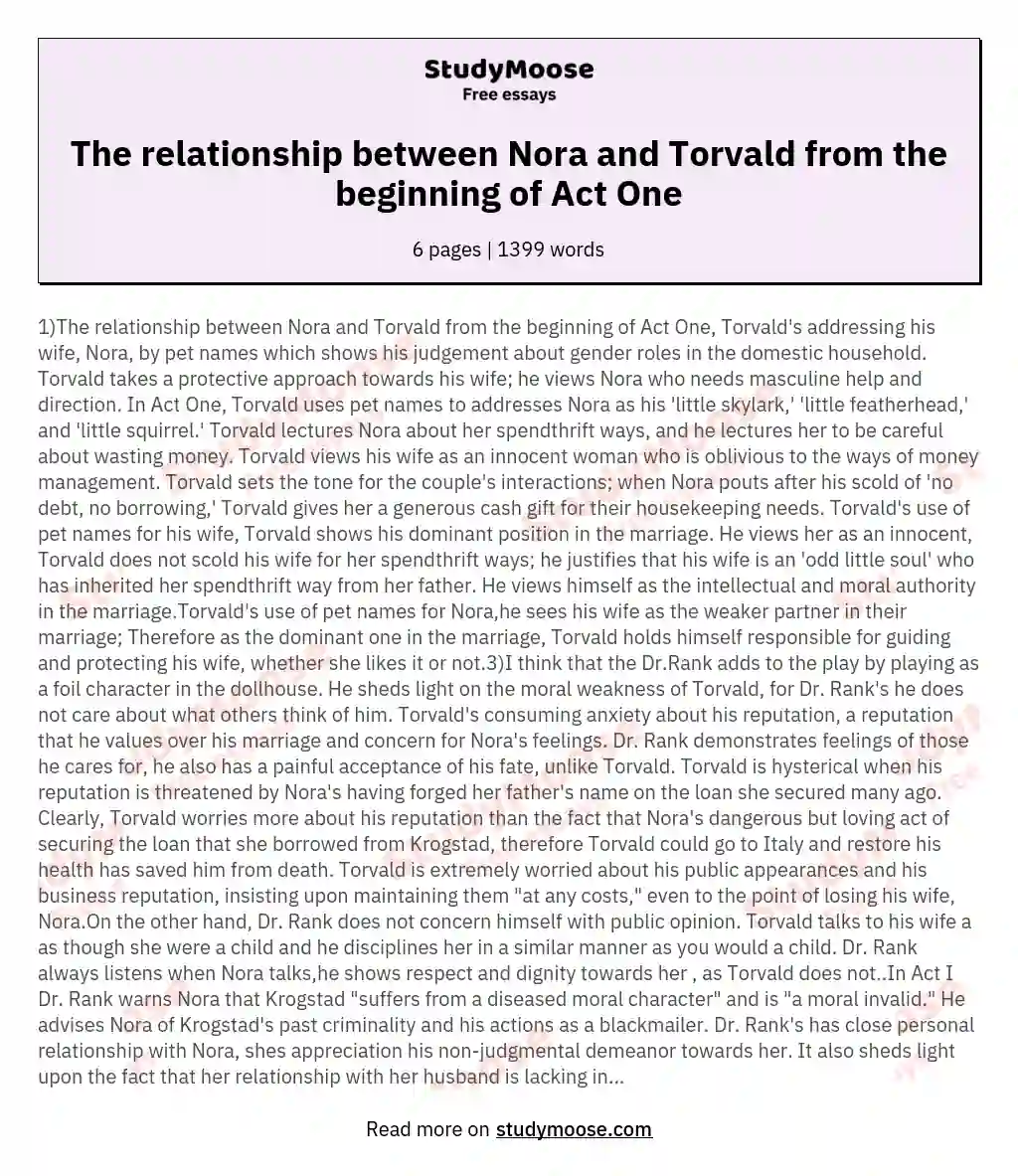 The relationship between Nora and Torvald from the beginning of Act One