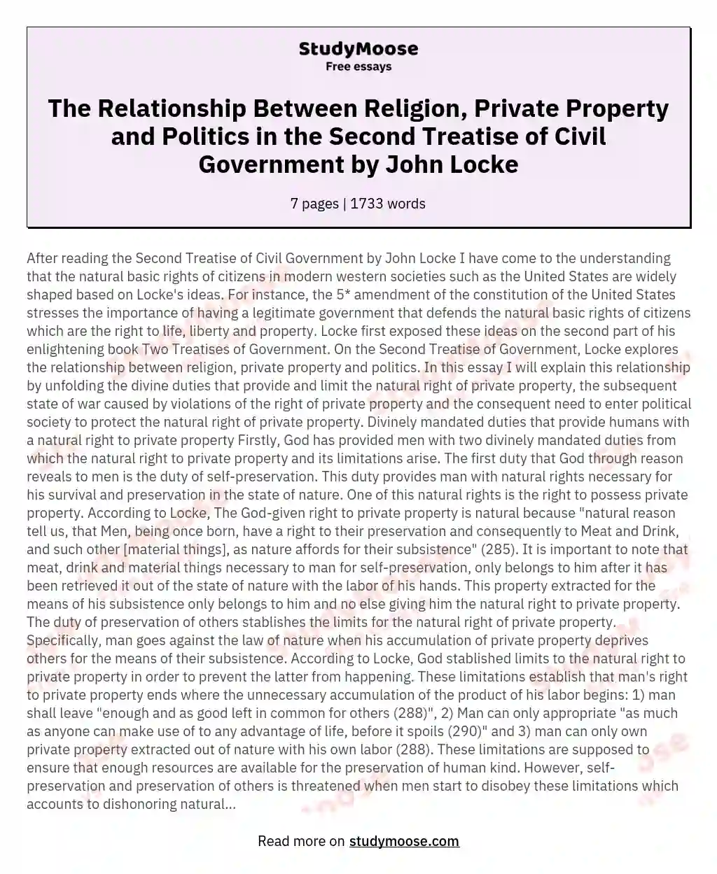 The Relationship Between Religion, Private Property and Politics in the Second Treatise of Civil Government by John Locke essay
