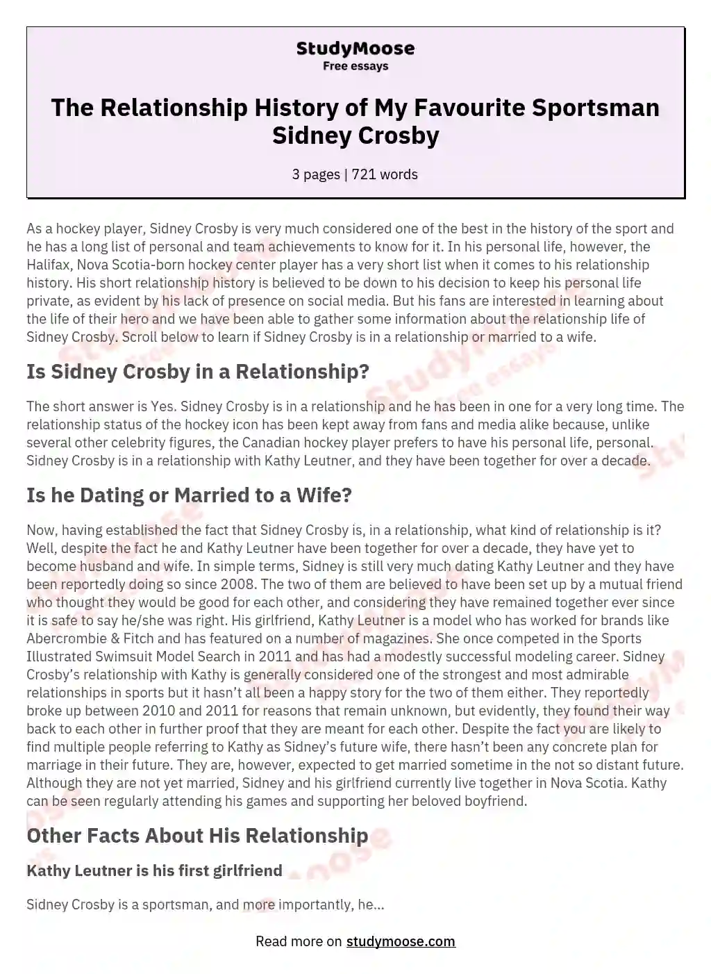 The Relationship History of My Favourite Sportsman Sidney Crosby essay
