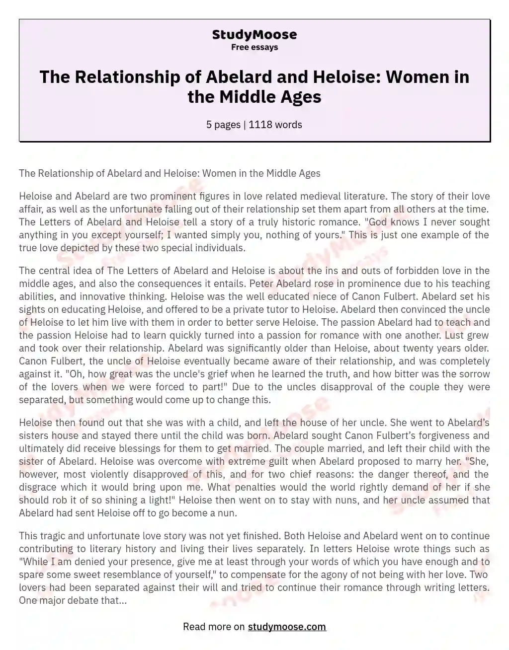 The Relationship of Abelard and Heloise: Women in the Middle Ages