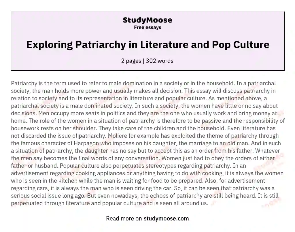 Exploring Patriarchy in Literature and Pop Culture essay
