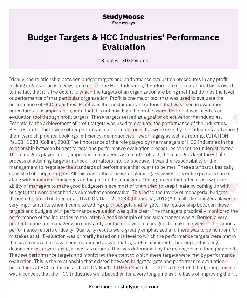 Budget Targets & HCC Industries' Performance Evaluation essay