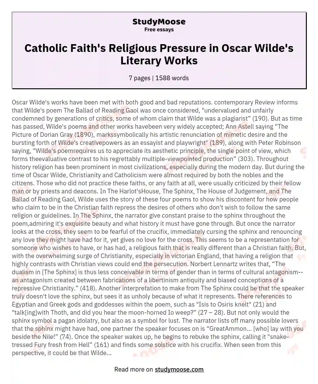Catholic Faith's Religious Pressure in Oscar Wilde's Literary Works essay