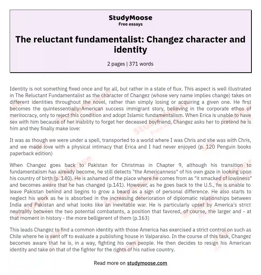 The reluctant fundamentalist: Changez character and identity essay