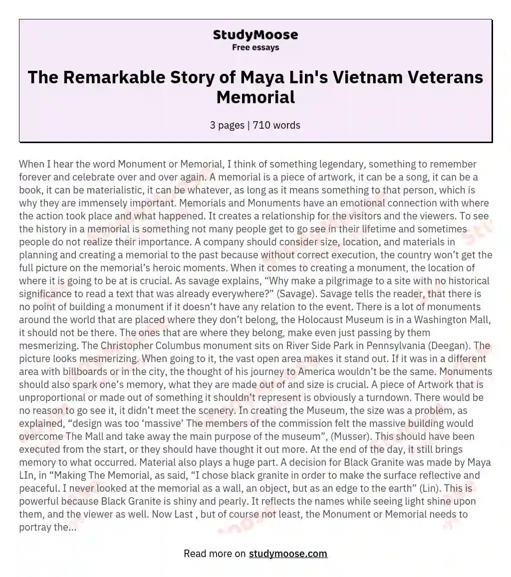The Remarkable Story of Maya Lin's Vietnam Veterans Memorial essay