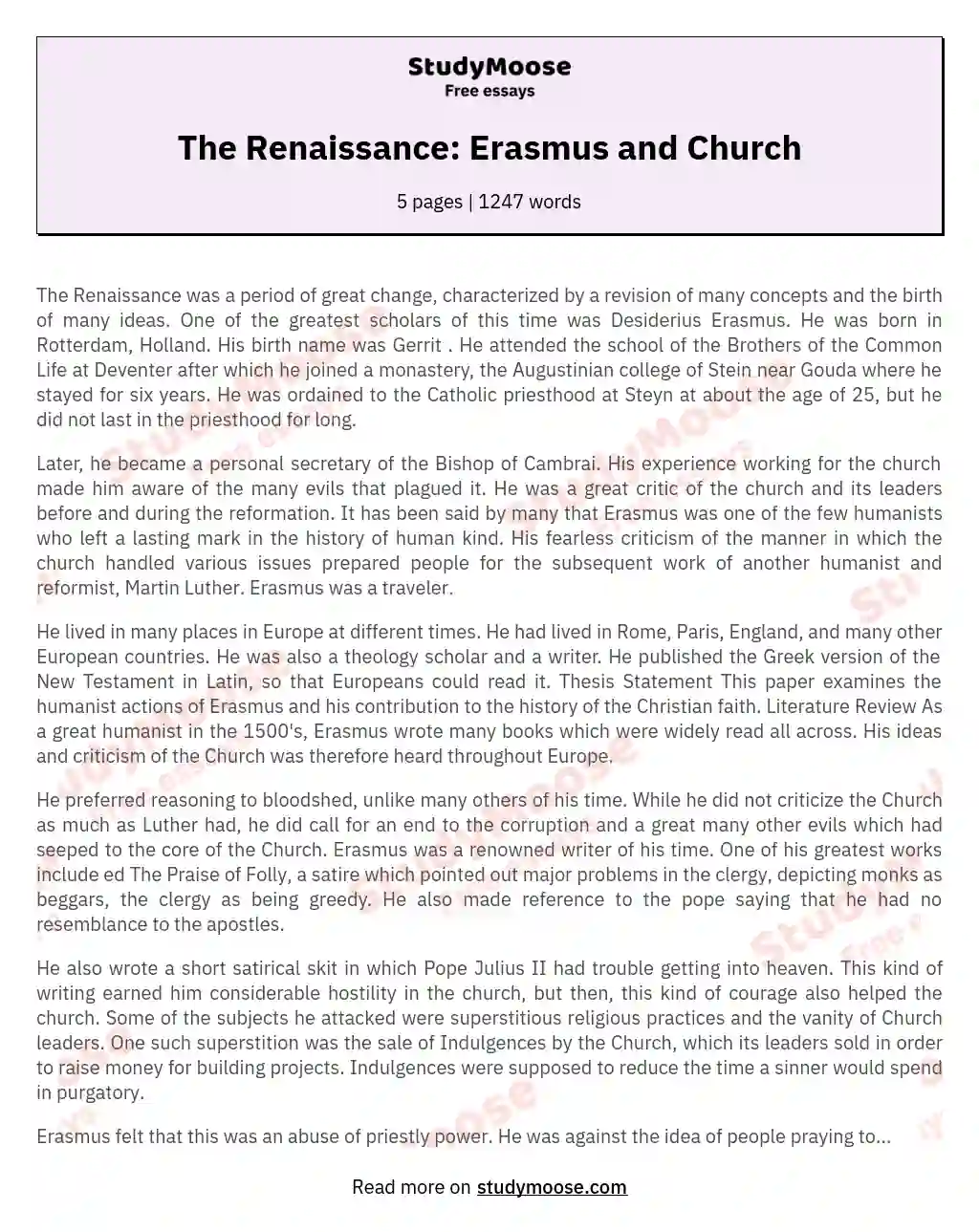 The Renaissance: Erasmus and Church essay