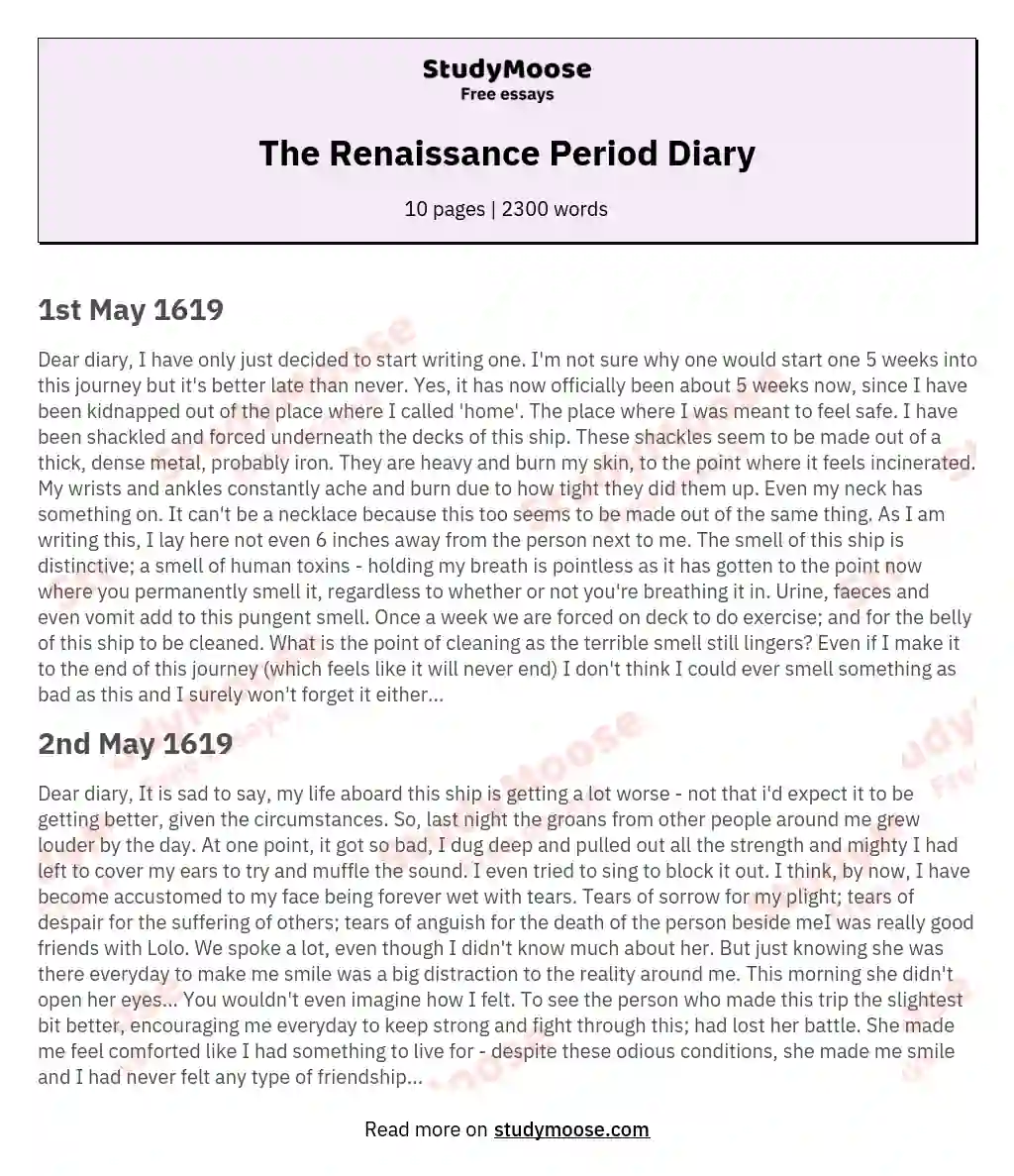 The Renaissance Period Diary essay
