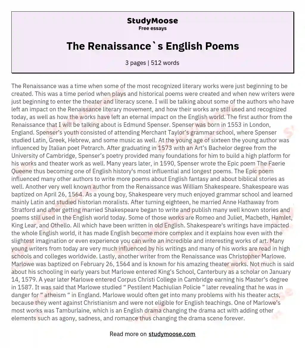 The Renaissance`s English Poems