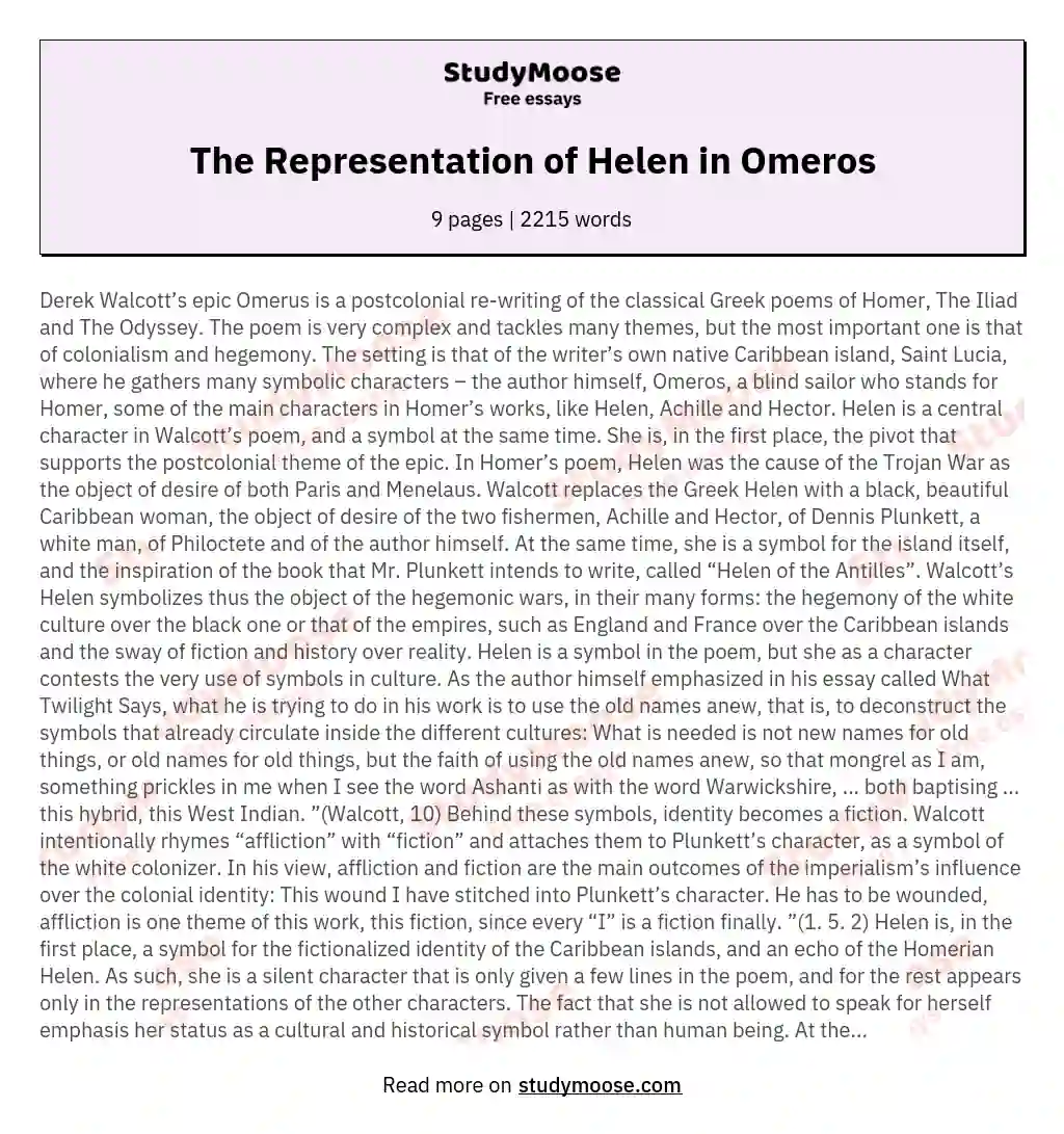 The Representation of Helen in Omeros essay