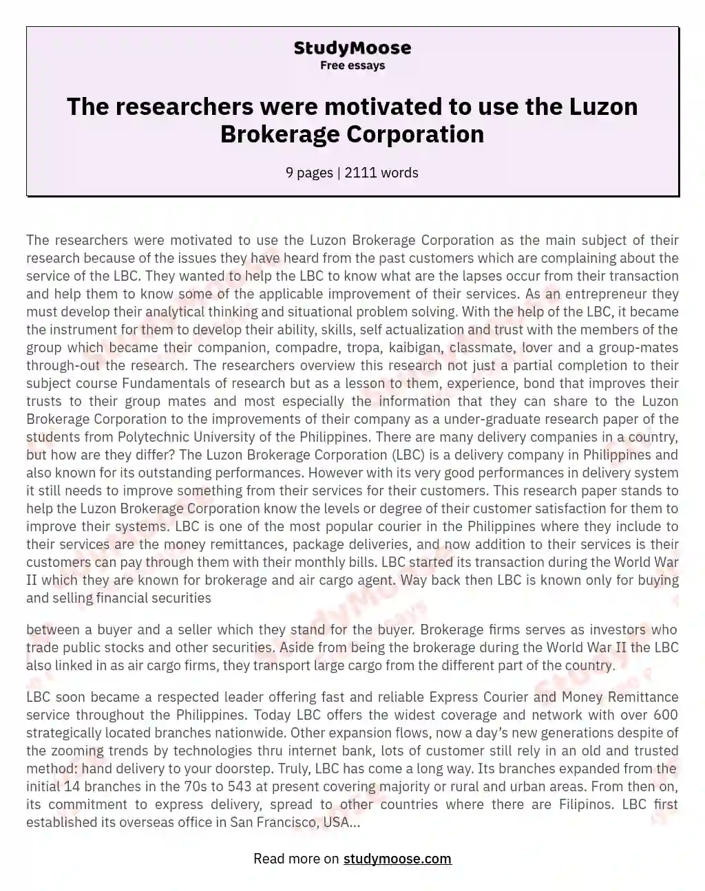 The researchers were motivated to use the Luzon Brokerage Corporation essay