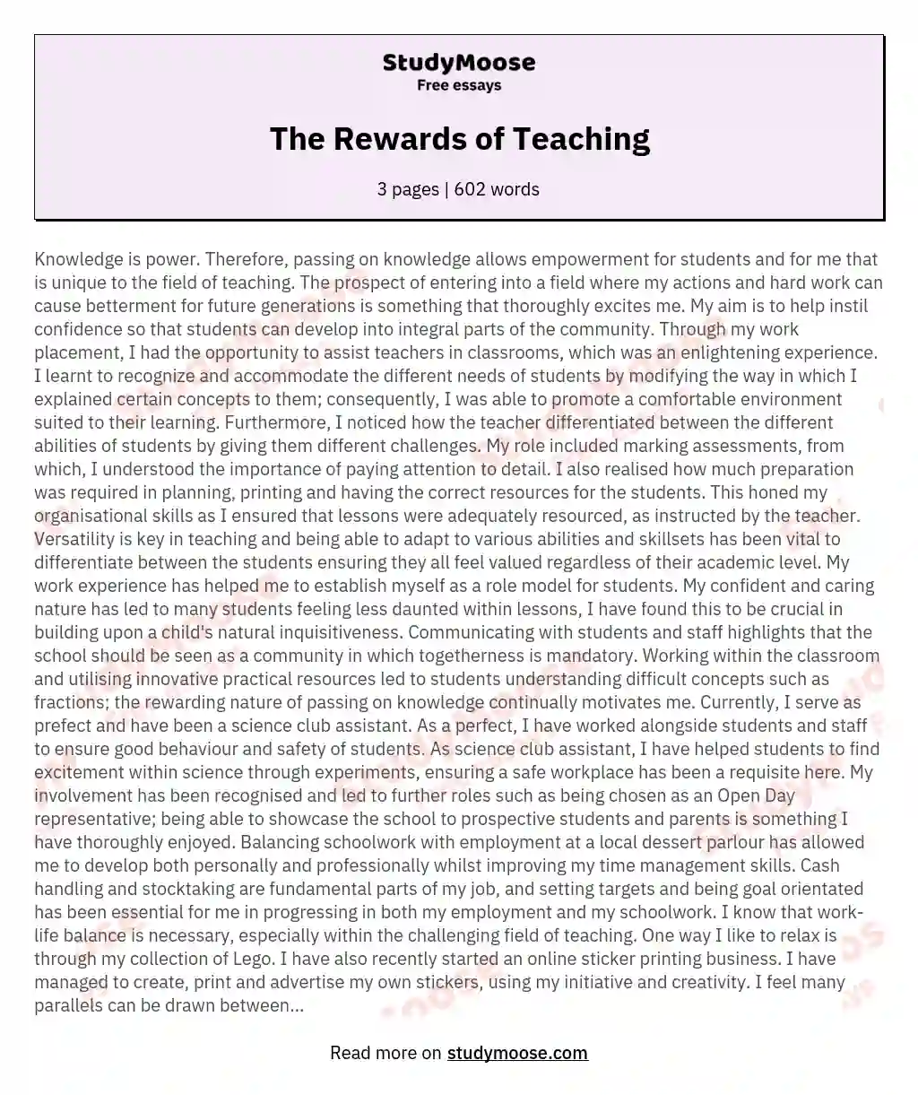 The Rewards of Teaching essay