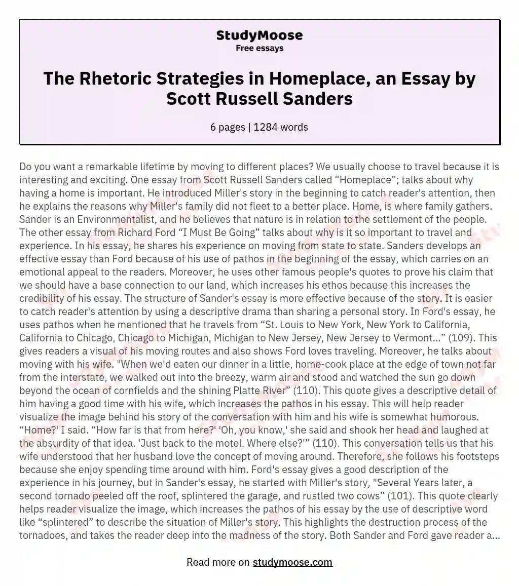 The Rhetoric Strategies in Homeplace, an Essay by Scott Russell Sanders
