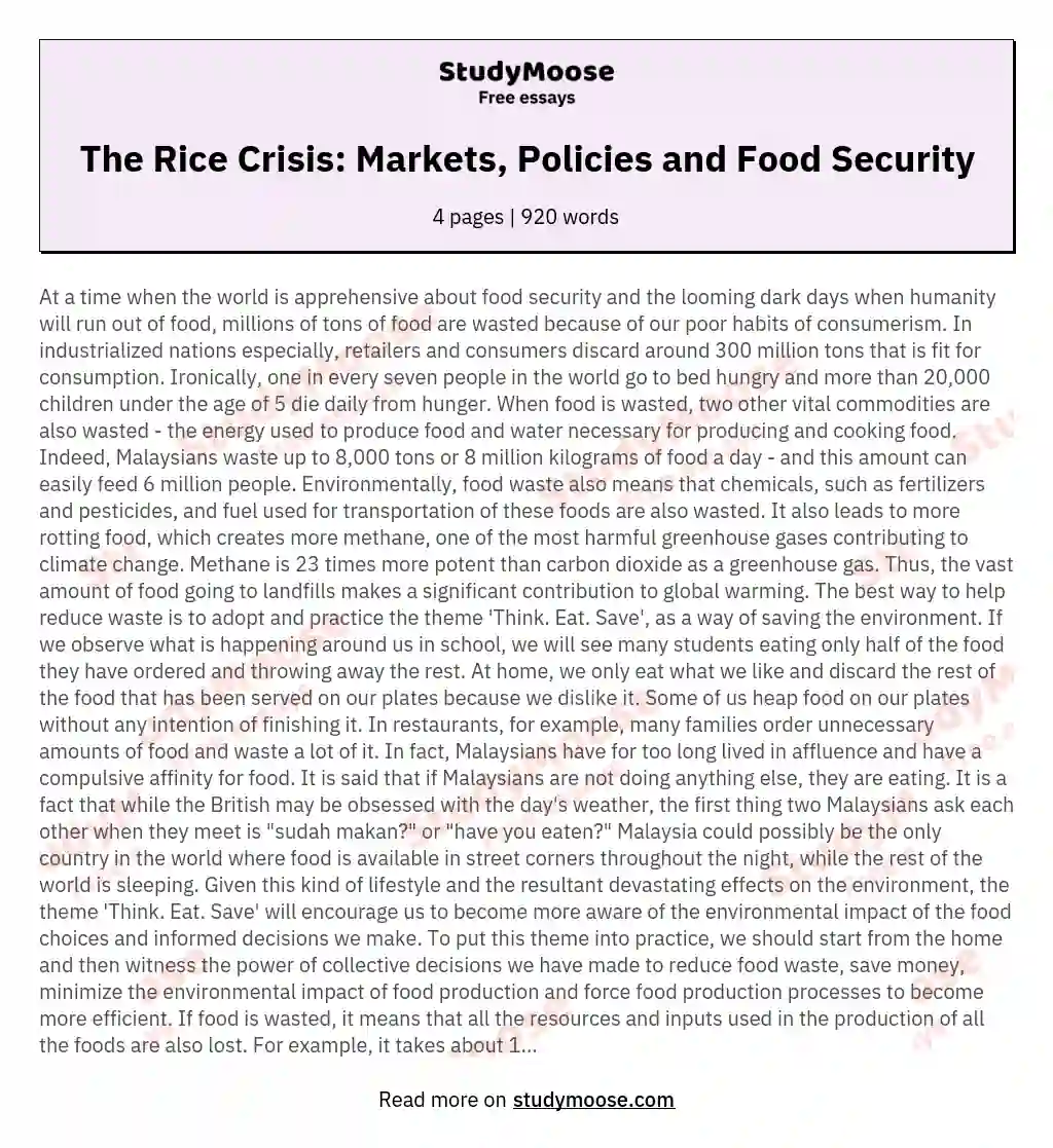 The Rice Crisis: Markets, Policies and Food Security