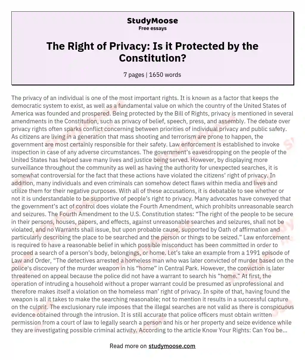 The Right of Privacy: Is it Protected by the Constitution? essay
