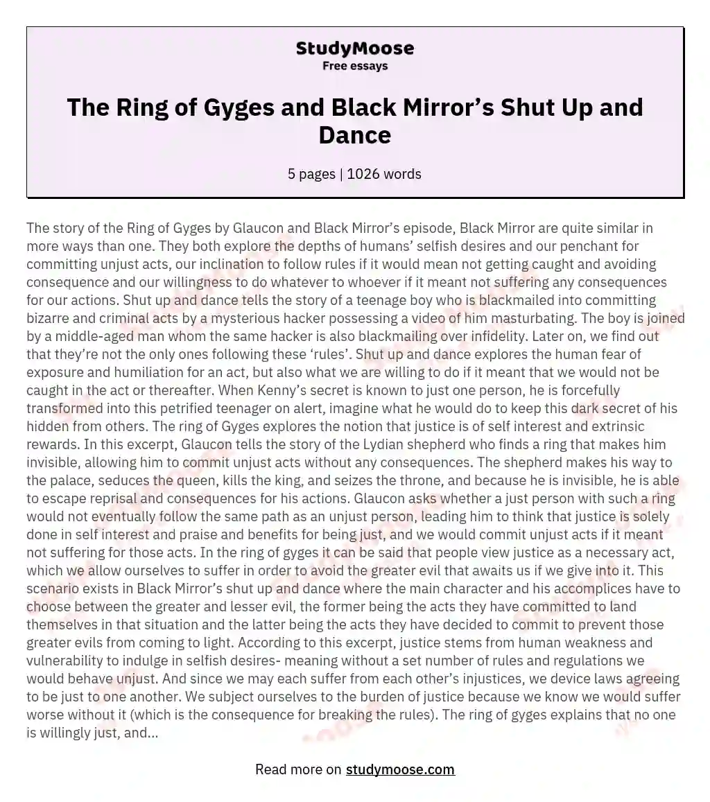 The Ring of Gyges and Black Mirror’s Shut Up and Dance essay