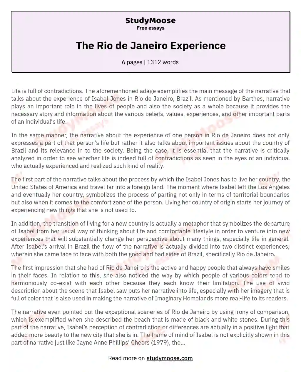 The Rio de Janeiro Experience essay