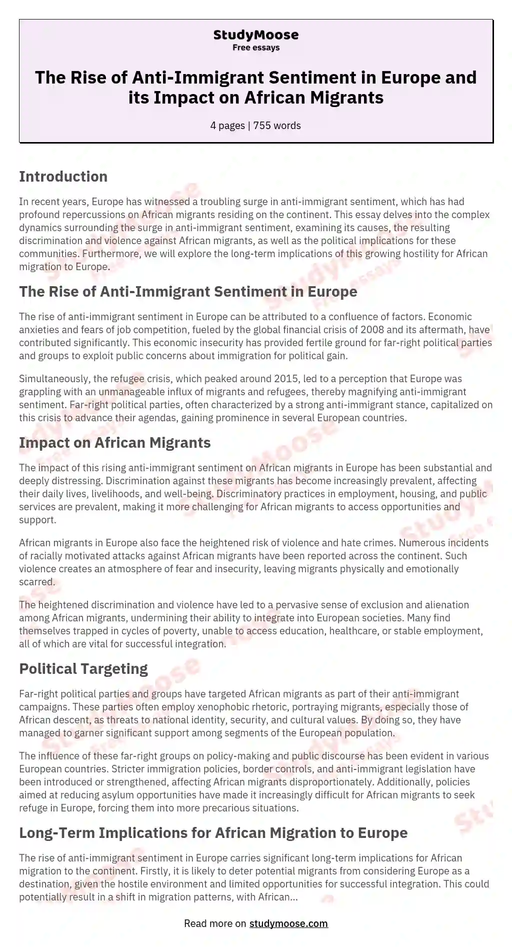 The Rise of Anti-Immigrant Sentiment in Europe and its Impact on African Migrants essay