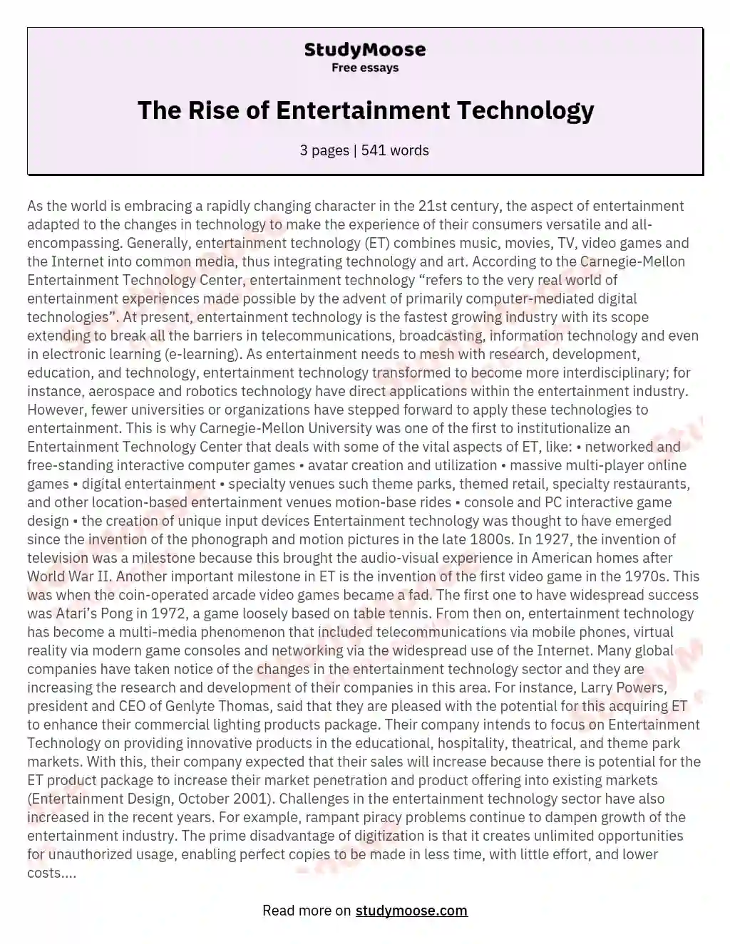 The Rise of Entertainment Technology essay
