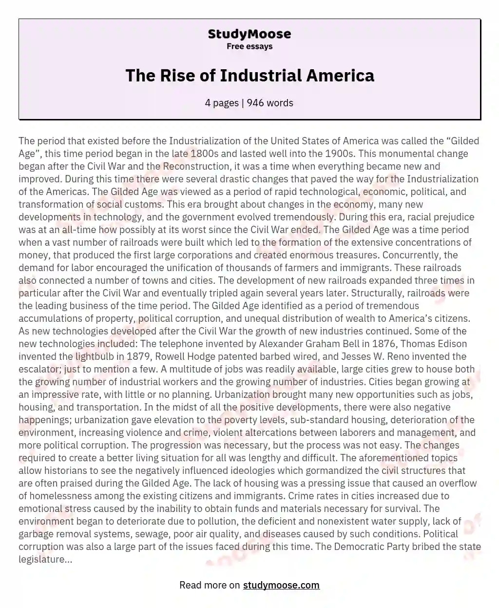 The Rise of Industrial America essay
