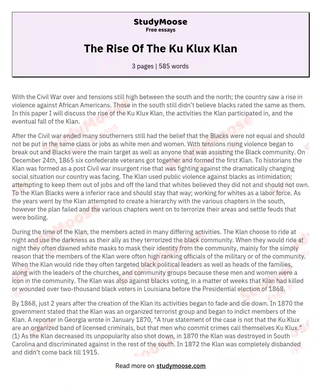 The Rise Of The Ku Klux Klan essay
