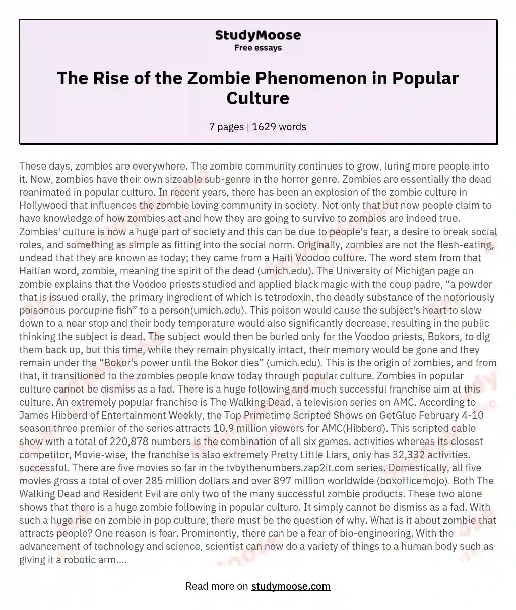 The Rise of the Zombie Phenomenon in Popular Culture essay