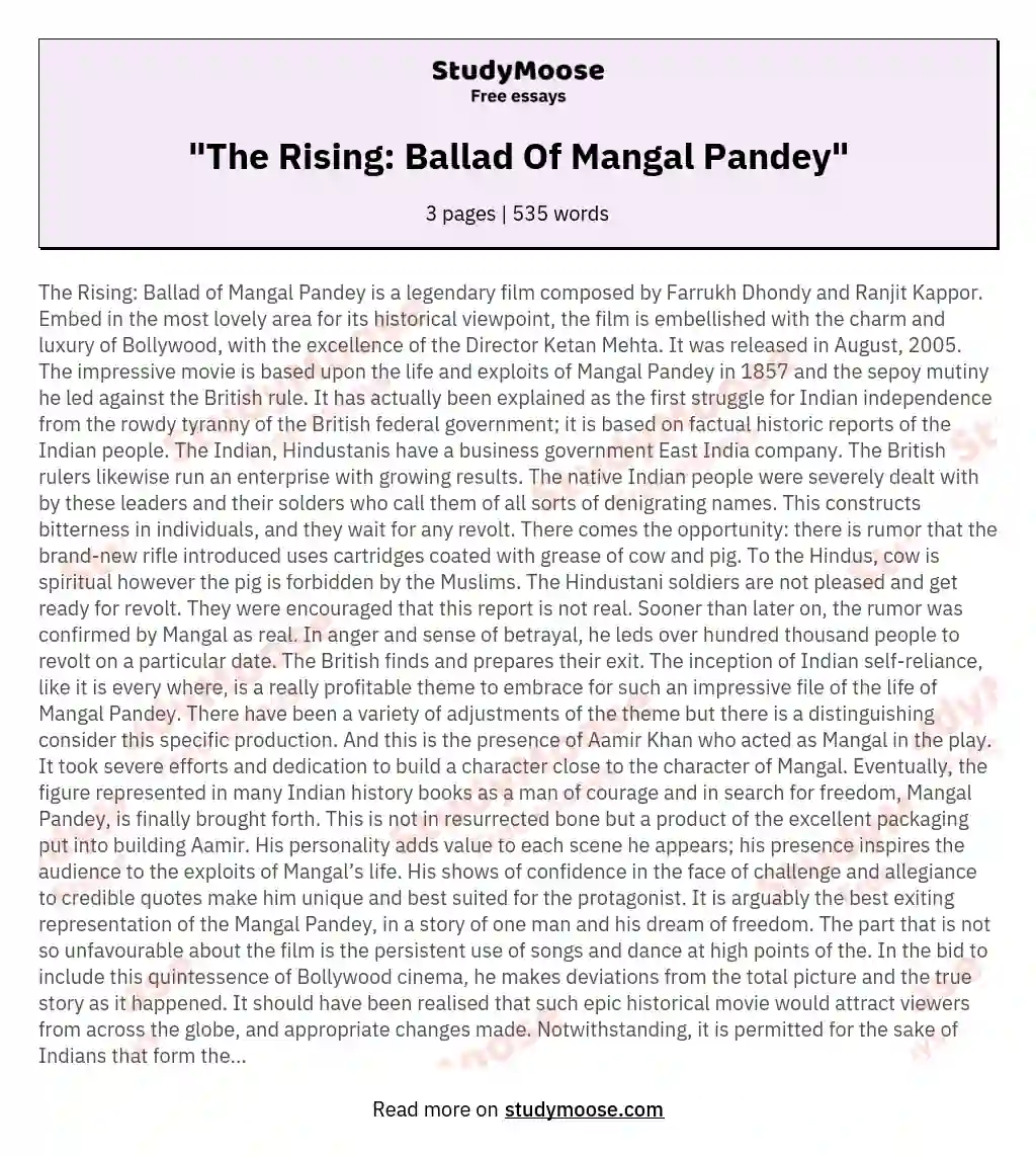 "The Rising: Ballad Of Mangal Pandey" essay