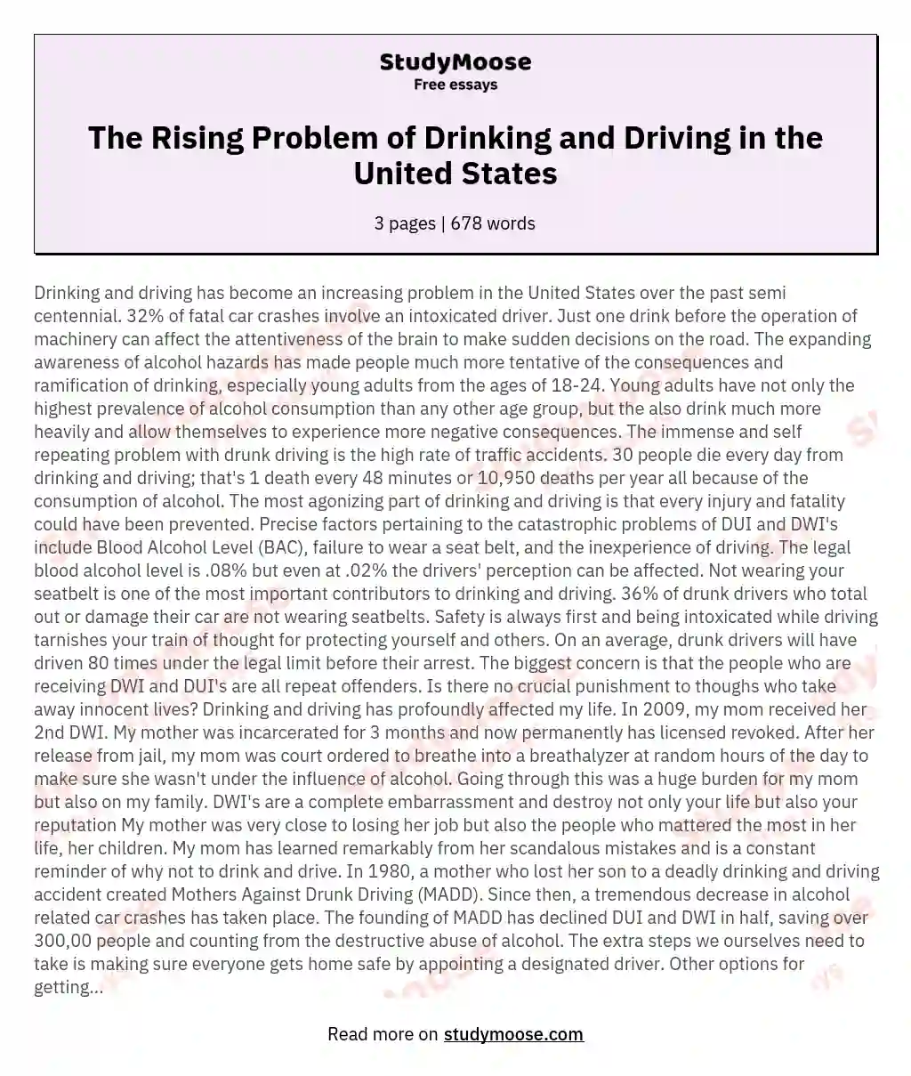 The Rising Problem of Drinking and Driving in the United States essay
