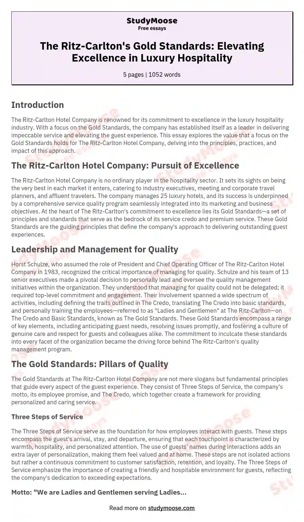 The Ritz-Carlton's Gold Standards: Elevating Excellence in Luxury Hospitality essay