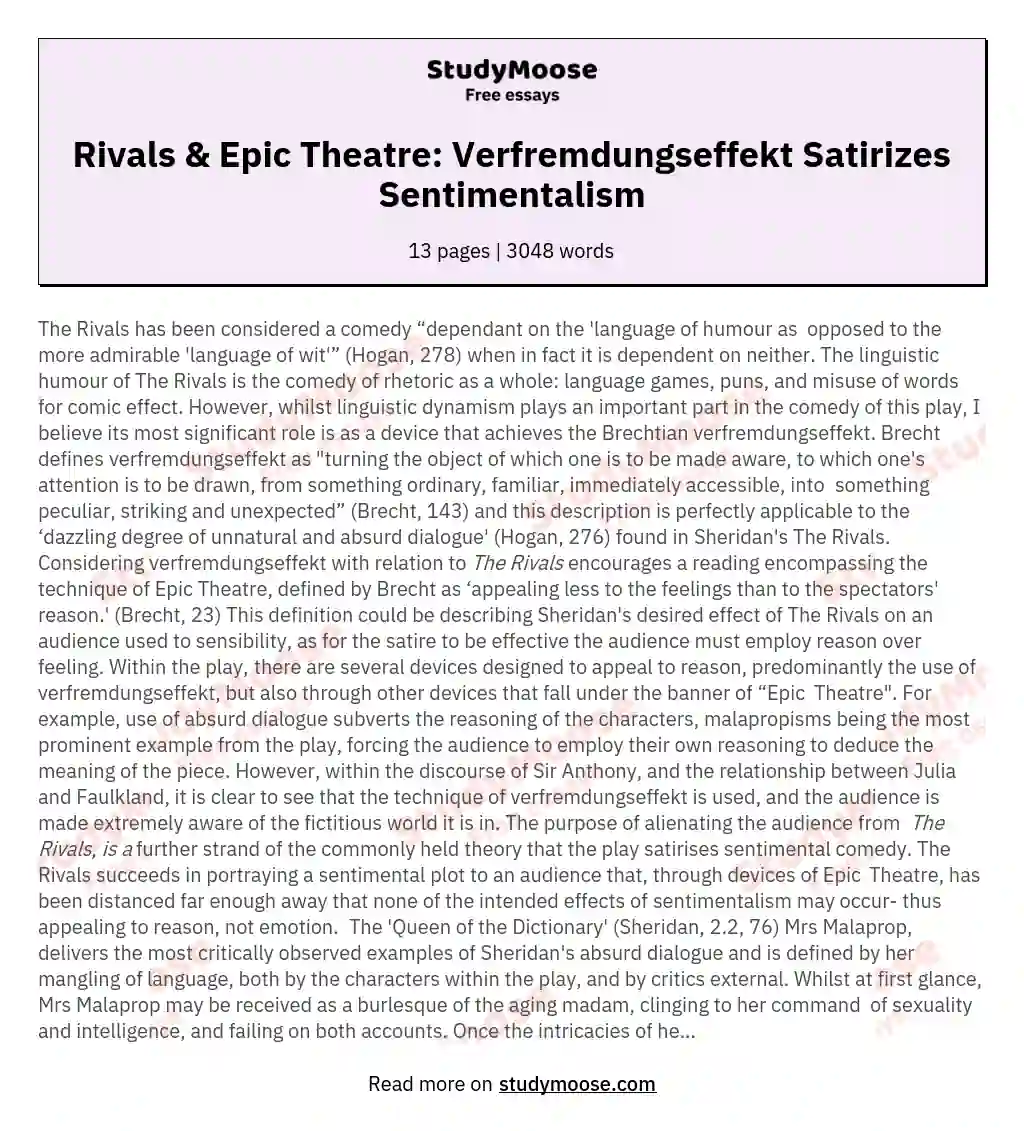 Rivals & Epic Theatre: Verfremdungseffekt Satirizes Sentimentalism essay