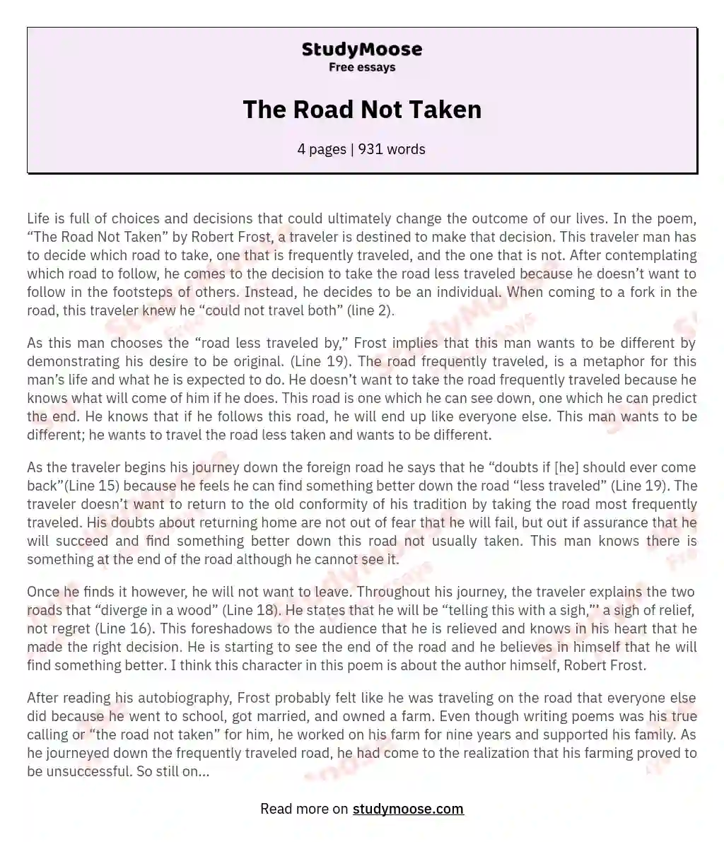 essay of the poem the road not taken