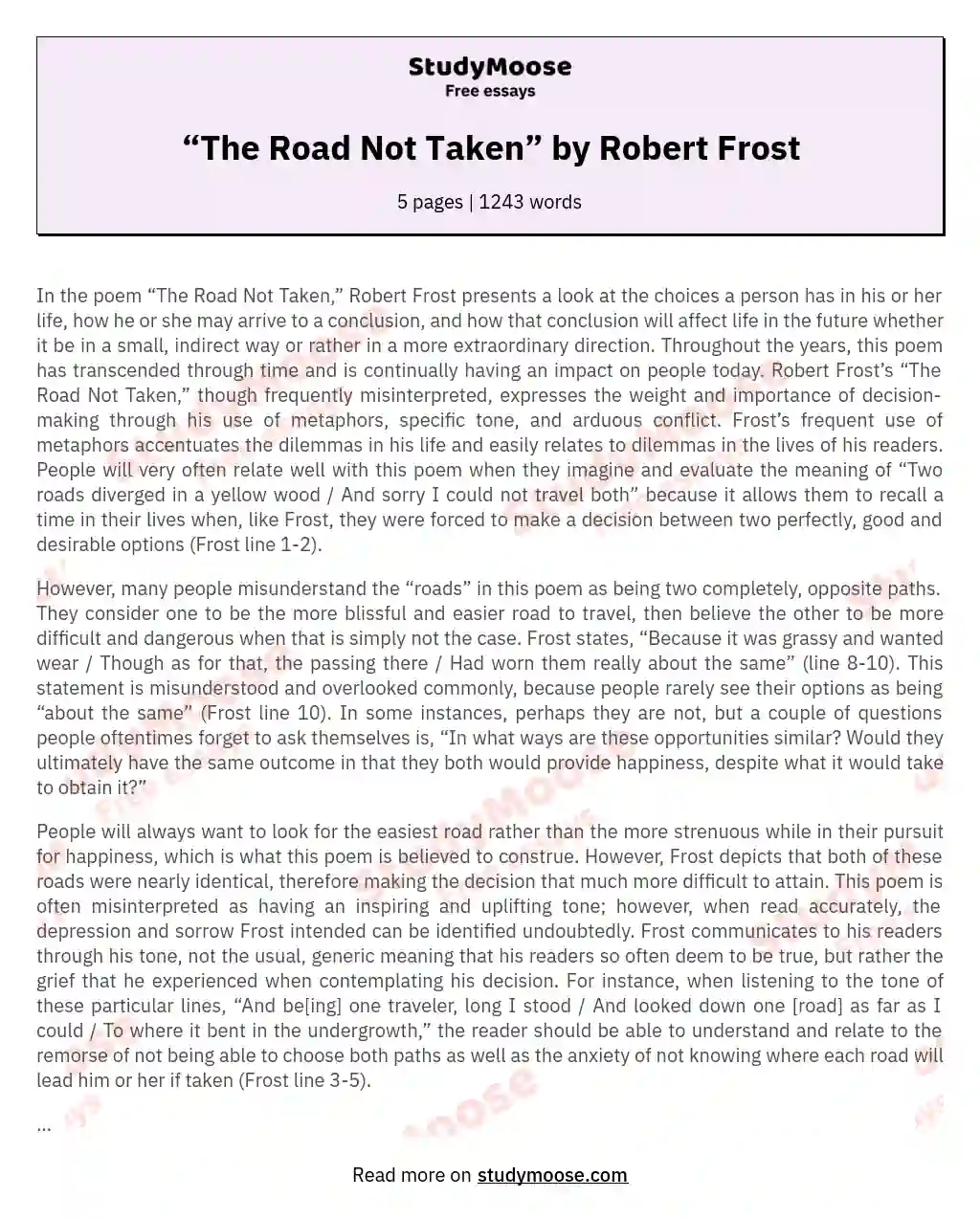 “The Road Not Taken” by Robert Frost essay