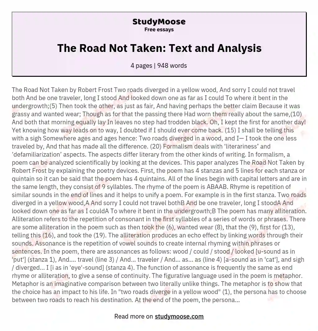 The Road Not Taken: Text and Analysis essay